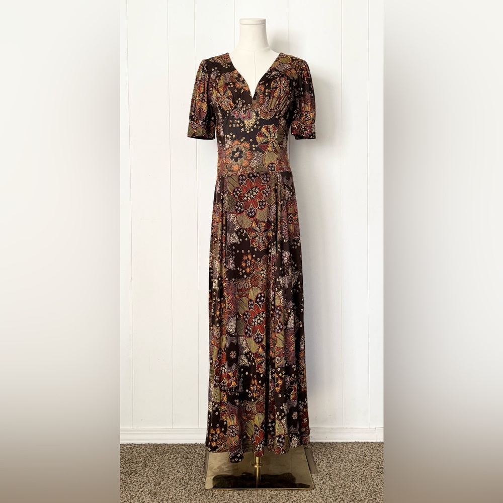 Vintage 1970s Floral Fall Brown Orange Maxi Dress